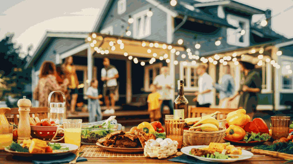 BBQ food in foreground with home and people in the background